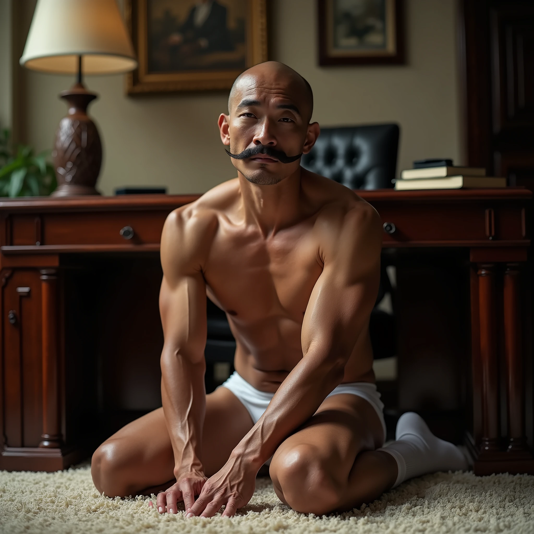 40 years old，Hidetoshi Nakata，（Kogoro Mori 1.3），whole body，Lean，muscle，office，Kneeling，black，foot，White socks，Baldhead ，transparent，Thick body hair，underwear，Topless，Densely hairy，Fortitude，HD，With a mustache