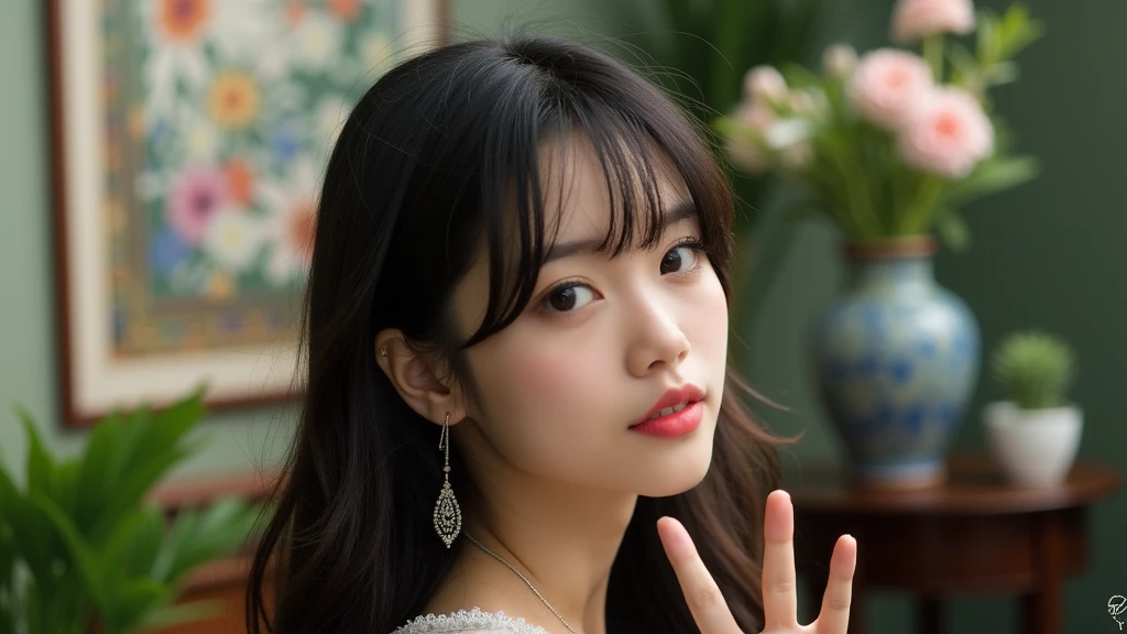 The image is a portrait of a young Asian woman with long dark hair and bangs. She is wearing a white dress with a sheer neckline and long sleeves. She has a pair of silver earrings and a bracelet on her wrist. The woman is standing in front of a colorful background with a vase and other decorative items. Her hands are raised in the air, as if she is making a peace sign with her fingers. She appears to be posing for the camera.