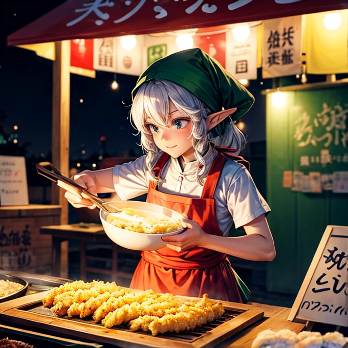 An elf frying tempura at a night stall.