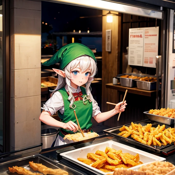 An elf frying tempura at a night stall.