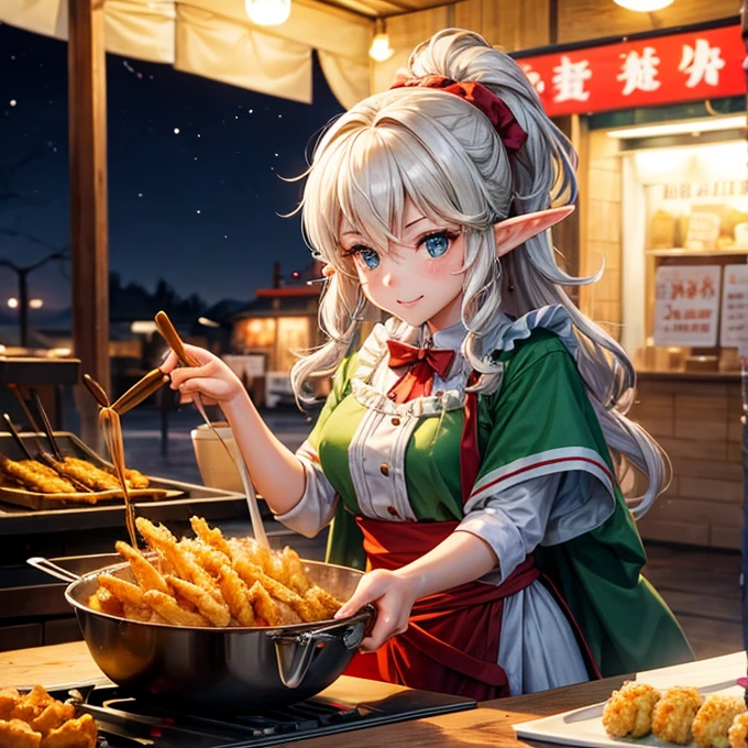 An elf frying tempura at a night stall.