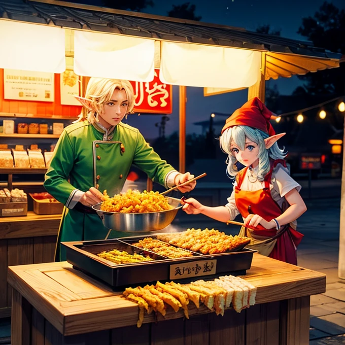 An elf frying tempura at a night stall.