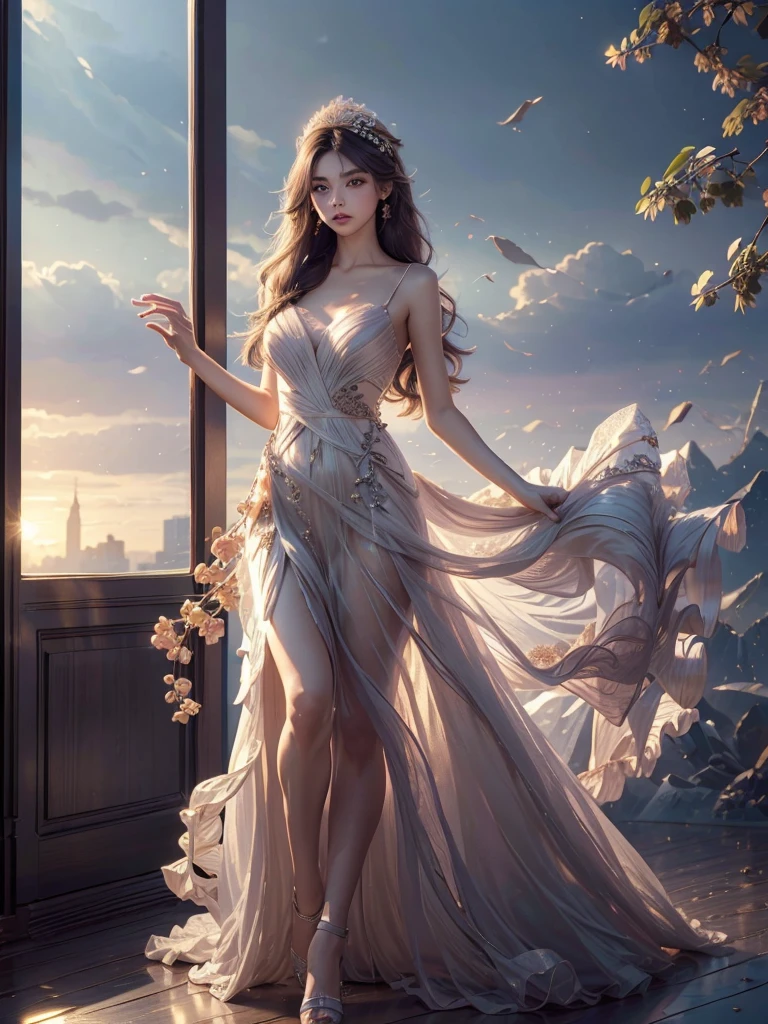 long shot, full body image, (GOOD:1.5),(highly detailed CG 8k wallpaper, masterpiece, of the highest quality, Super detailed), (better lighting, best shadows, very delicate and beautiful), floating, high saturation, dynamic angle, ((A girl)), Beautiful, Ningguang City(orchid evening dress) gray hair, Red eyes, very long hair, hair ornaments, hits, (skin wrinkles:1.3), (Soft hair:1.3),