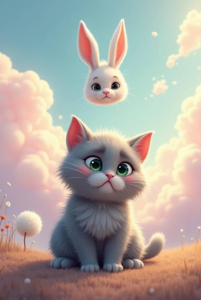 Make a gray cat with green eyes crying very hard and a rabbit looking at him from the sky