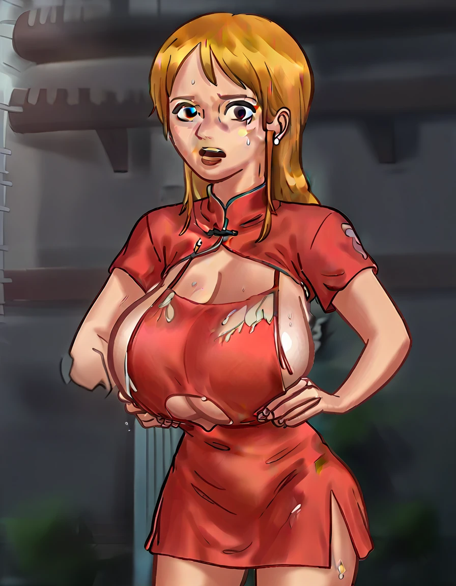 score_9, score_8_up, score_7_up, source_anime, best quality, clear face, Nami, orange hair, orange eyes, long hair, large breasts, perfect body, standing, looking at viewer, shocked, china dress, red clothes, dynamic angle, indoor, wet clothes,blushing,embrassed,see though clothes,big boob,hands on boob, view from below,bend over,ripped clothes