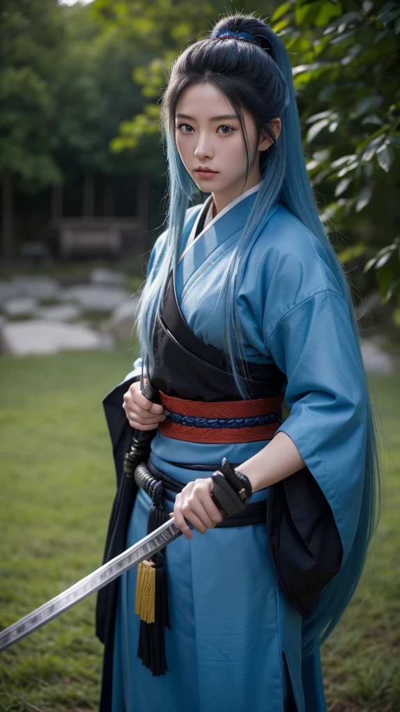 A young female samurai with long blue hair, blue eyes, wearing blue Japanese armor, and holding a katana. She stands on a battlefield. The scene is photo realistic, 8k quality, masterpiece, High Resolution, High Quality.