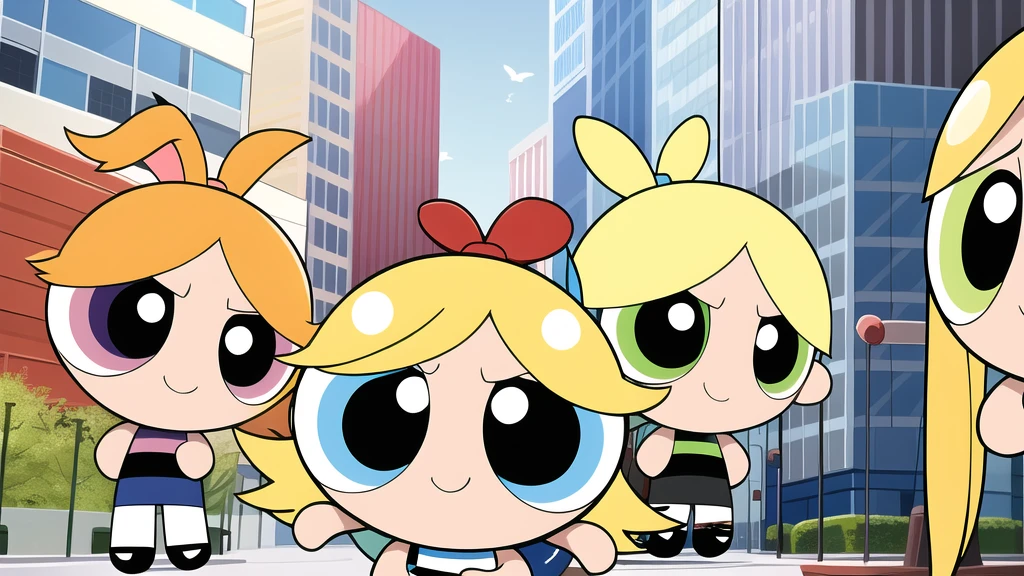 Blonde、ponytail、smile, Little, whole body,One person, Brown eyes, White and blue dress、fly in the sky、In town