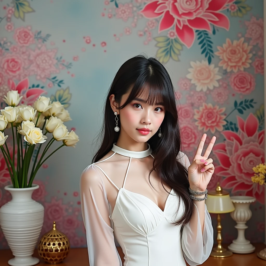 The image is a portrait of a young Asian woman with long dark hair and bangs. She is wearing a white dress with a sheer neckline and long sleeves. She has a pair of silver earrings and a bracelet on her wrist. The woman is standing in front of a colorful background with a vase and other decorative items. Her hands are raised in the air, as if she is making a peace sign with her fingers. She appears to be posing for the camera.