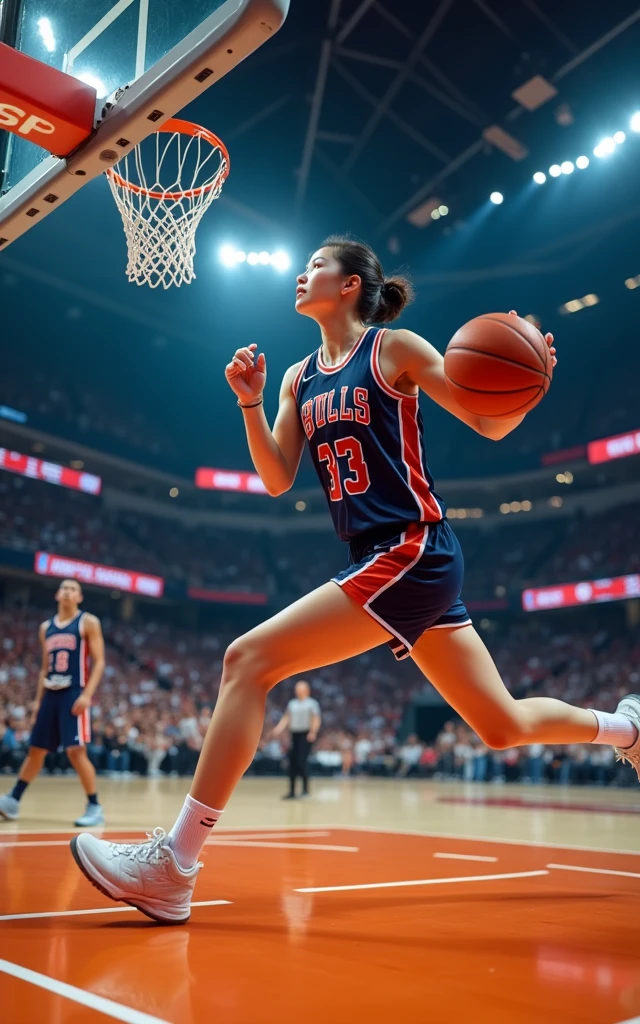 A beautiful Korean girl playing basketball,Basketball game, Dribbling,Dunk,Steals,18-year-old girl,Pale, boiled skin,Beautiful facial features,Glorious NBA game scene,Close-up of face,An NBA stadium filled with spectators as the backdrop,