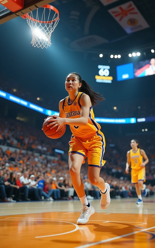 A beautiful Korean girl playing basketball,Basketball game, Dribbling,Dunk,Steals,18-year-old girl,Pale, boiled skin,Beautiful facial features,Glorious NBA game scene,Close-up of face,An NBA stadium filled with spectators as the backdrop,