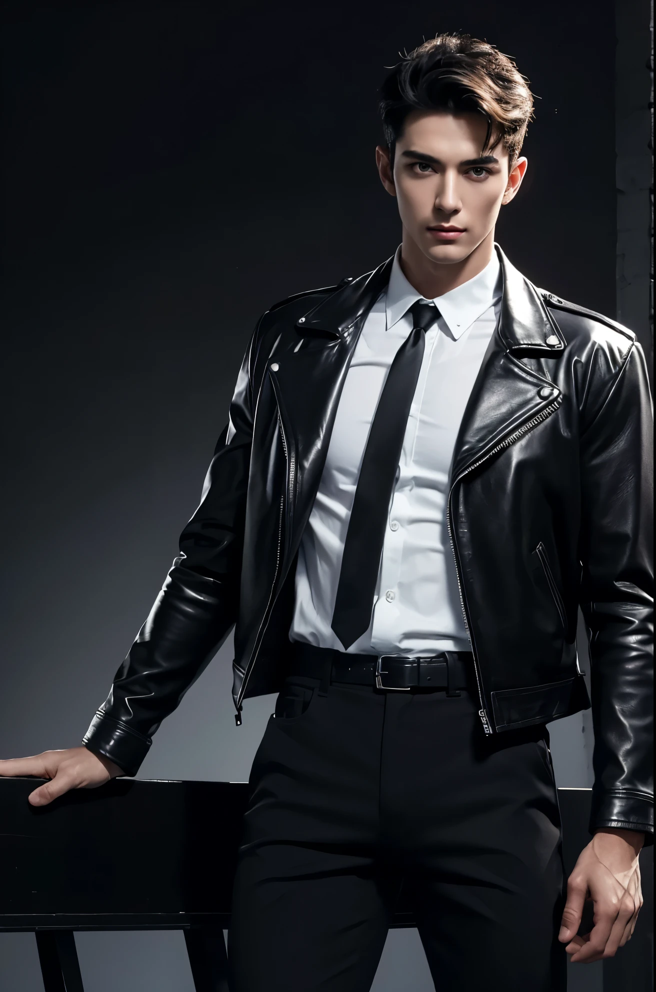 4k, high resolution, best quality, masterpiece, perfect color, perfect shade, perfect lighting, Posted by e621, ((handsome man)), perfect male figure, Short hair details，Detailed face, perfect face, (stood up), Detailed background, ((Bonifasco Lighting)),black hair, wearing black leather jacket, black pants, black leather belt, white shirt,