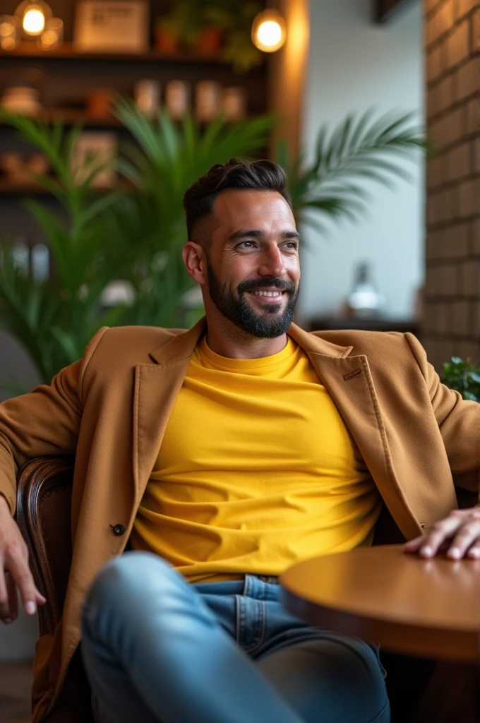 A man siting on chair, fround table, wereing yellow t-shirts and bround joket and little smile