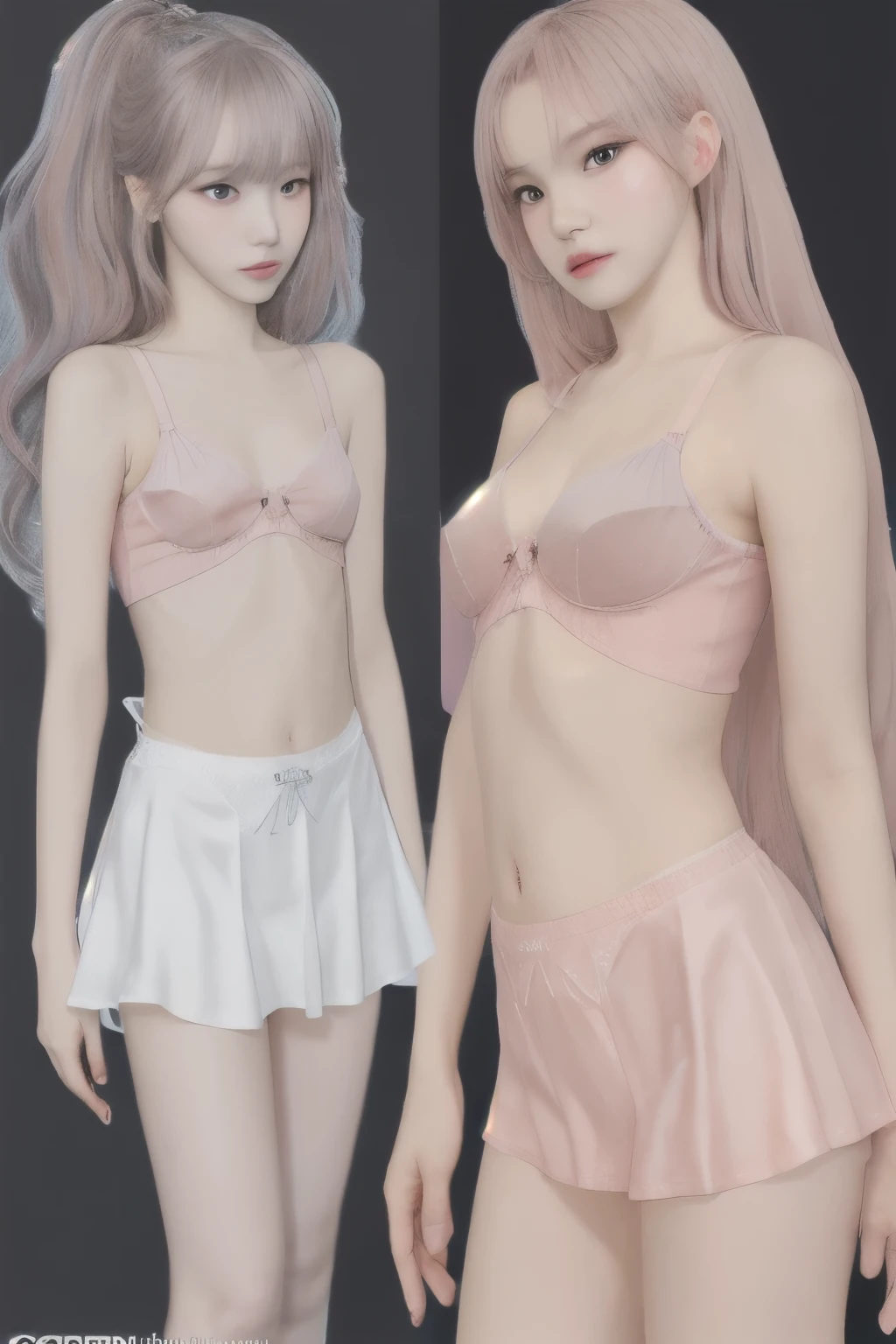 pink silver haired girl, long hair wearing a pale pink dress, fine details,girls frontline, artwork in the style of guweiz, trending on cgstation, from girls frontline, Guweiz, ig model,artgerm, trending at cgstation, by Yang J,photorealistic anime girl render,Slim figure,Are thin,Flat Chest,Small Bust,Small waist,Slim legs and thighs,(Beautiful nipples),(Flat Chest),(Small Ass),(Thin string underwear),Pale pink underwear, vivid colors,Maximum number of pixels,photo quality images,Kim Chaewon of Le Sserafim herself,(((Flat Chest))),(Slender full-body silhouette),(Beautiful nipples),Increase the saturation,