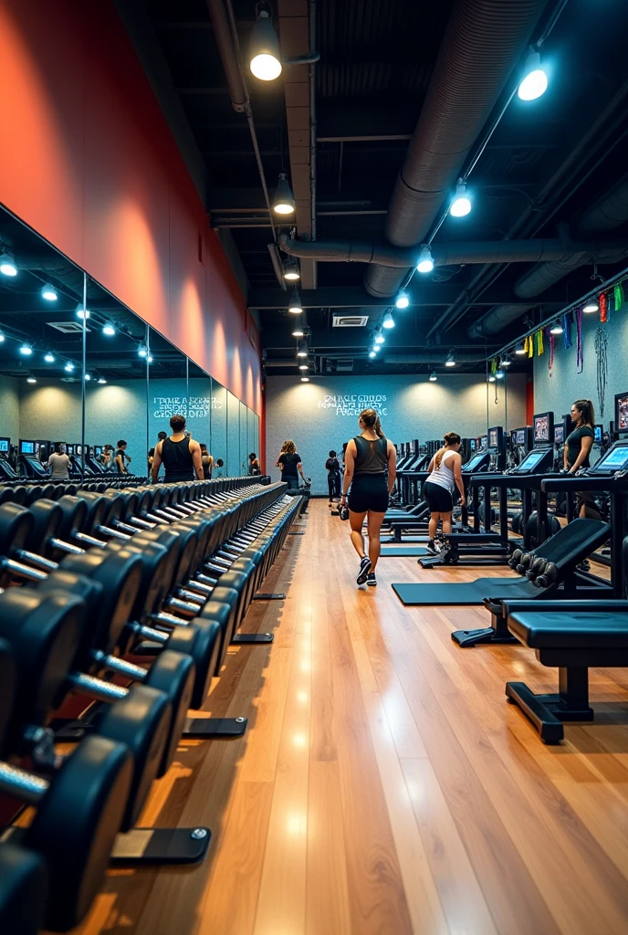creating the interior environment of a gym, dumbbells, weights and gym machines.