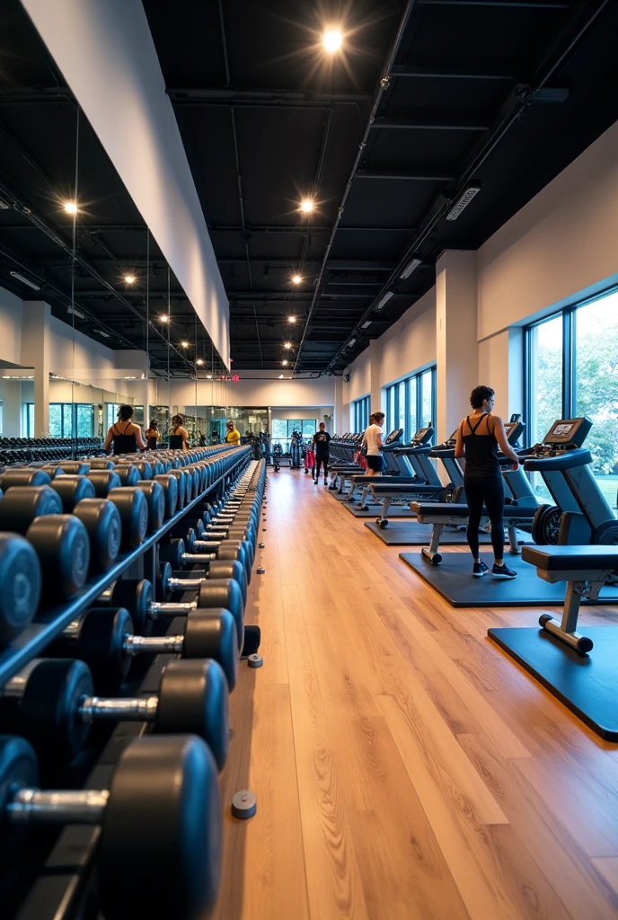 creating the interior environment of a gym, dumbbells, weights and gym machines. 