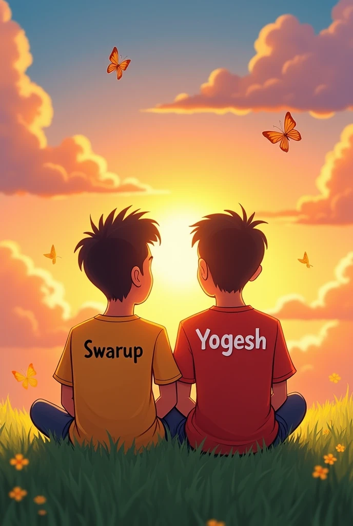 2 friends siting on the grass enjoying the view of sunset, one boy name "swarup" written on the shirt and another boy name "YOGESH" written on the t shirt 2d cartoon behind the cartoon best friend