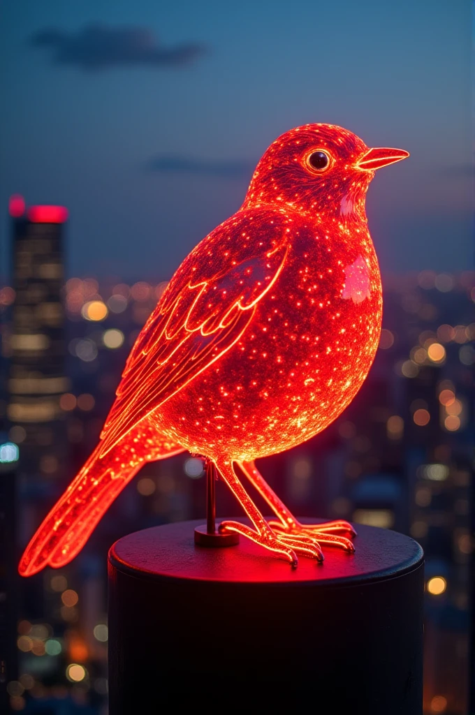 Create a picture of a light signal in the sky above a city it should stand red robin