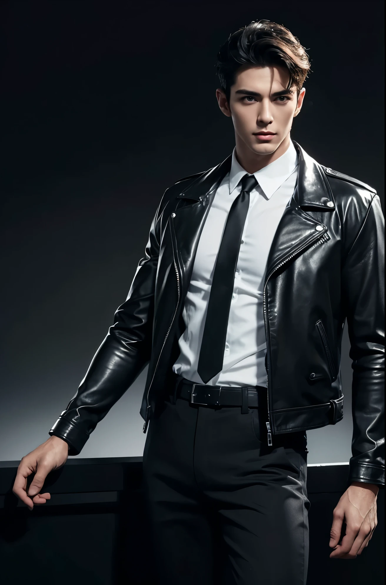 4k, high resolution, best quality, masterpiece, perfect color, perfect shade, perfect lighting, Posted by e621, ((handsome man)), perfect male figure, Short hair details,Detailed face, perfect face, (stood up), Detailed background, ((Bonifasco Lighting)),black hair, wearing black leather jacket, black pants, black leather belt, white shirt,