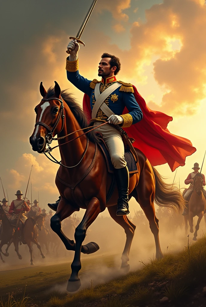 Create an image of Simon Bolivar in battle on his horse