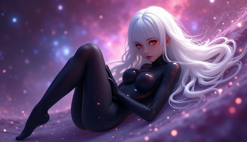 score_9, score_8_up, score_7_up, source_anime BREAK 1girl, solo, space, galaxy, nebula, red eyes, floating hair, white hair, very long hair, glowing, black bodysuit, full body, floating, knees up, fetal position, (head rest:0.3), head tilt, looking at viewer, parted lips, large breasts, skin tight, white skin, pale, from side, abstract background, vibrant, purple theme, ass, [sitting::0.2], (smile:0.4), hugging own legs, caustics, black gloves, magenta theme, science fiction, colorful, vibrant, close-up