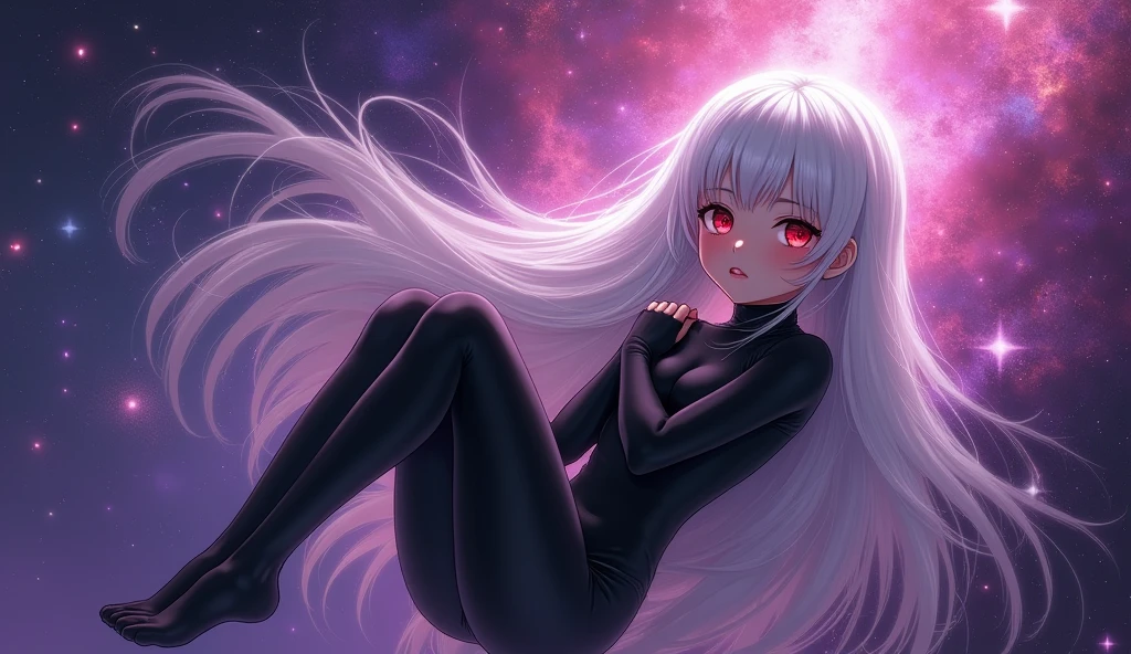 score_9, score_8_up, score_7_up, source_anime BREAK 1girl, solo, space, galaxy, nebula, red eyes, floating hair, white hair, very long hair, glowing, black bodysuit, full body, floating, knees up, fetal position, (head rest:0.3), head tilt, looking at viewer, parted lips, large breasts, skin tight, white skin, pale, from side, abstract background, vibrant, purple theme, ass, [sitting::0.2], (smile:0.4), hugging own legs, caustics, black gloves, magenta theme, science fiction, colorful, vibrant, close-up