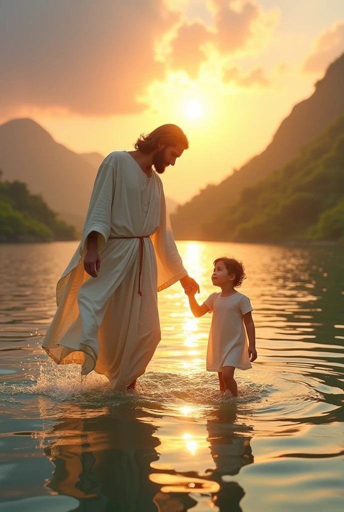 Jesus walking on the water holding a child's hand