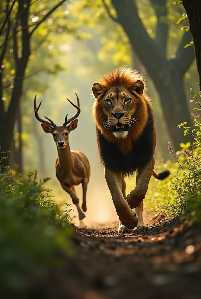 "A fierce lion is seen chasing the deer through the dense forest. The deer is running at full speed with a fearful expression, while the lion has a determined and predatory look. The background shows blurred trees and bushes as the chase moves rapidly through the forest. The scene is intense, with a sense of urgency and danger."