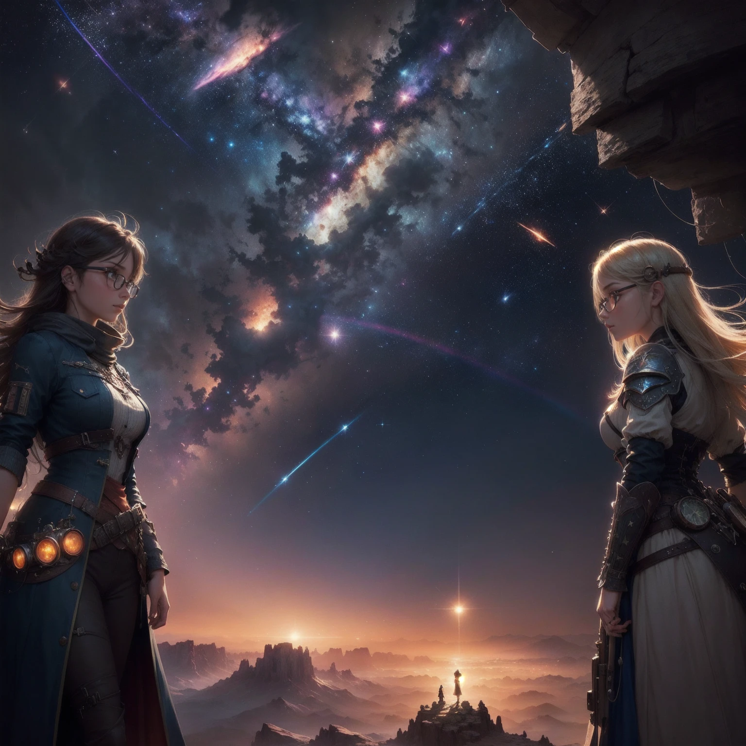 High resolution, vast landscape photography, (bottom view of the sky and wide fields below), girl with glasses standing in the desert looking up, (full moon:1.1), (shooting star:1.2), (nebula:1.3), distant mountains, staging art in tree gaps, (warm light source:1.2), (fireflies:1.2), lamps, lots of reds and blues, intricate details, voluminous light gaps (masterpiece:1.2), (best quality), 4k, very detailed, (dynamic composition:1.4), highly detailed, colorful details, (rainbow:1.2), (glowing lighting, atmospheric lighting), dreamy, steampunk, (solo:1.2)
