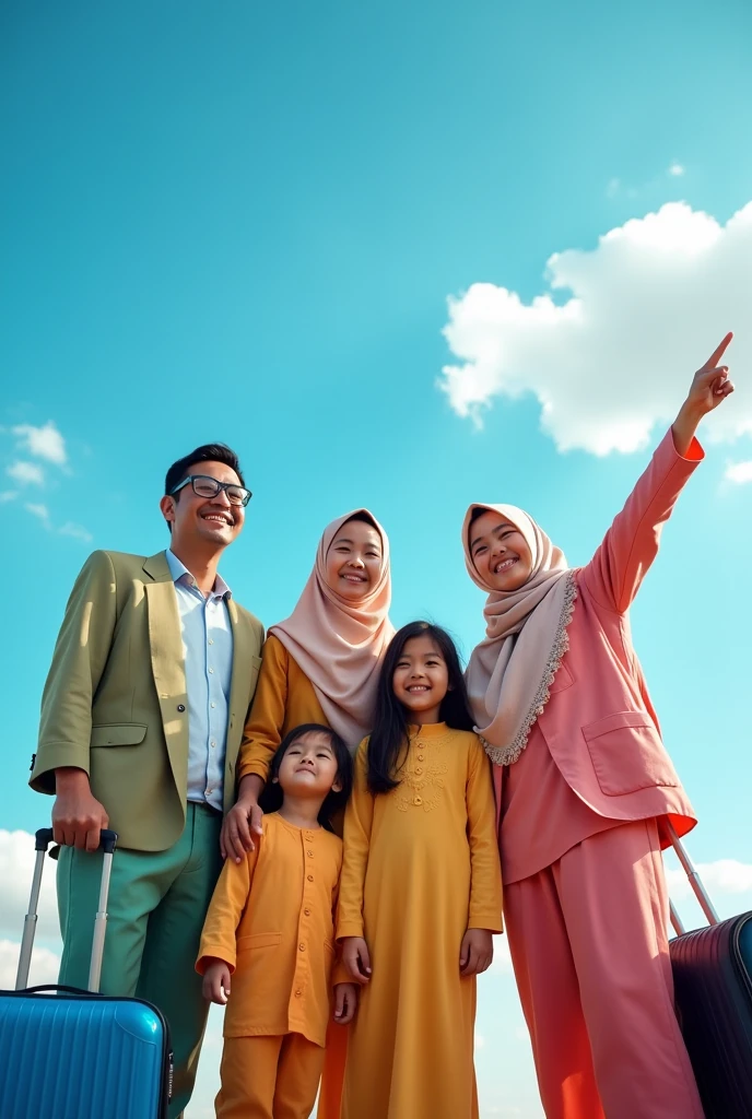 A Muslim family prepares to leave, with suitcases and travel gear in hand, The background of a clear blue sky.