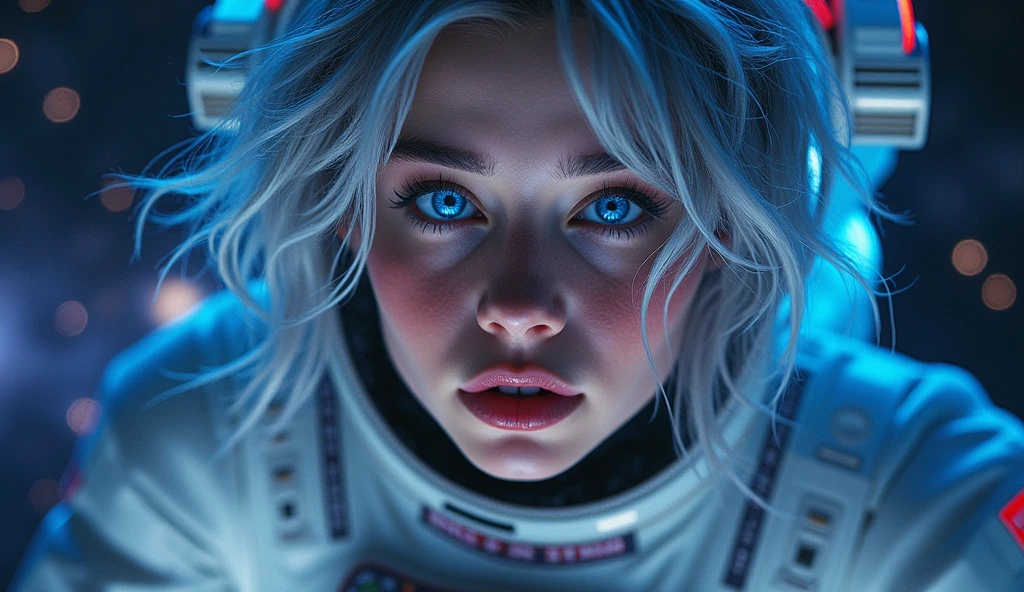 (Close-up of a better masterpiece: 1.5) 0.9], (Space and astronauts: 1.2) (Messy silver hair: 1.1) (Xanthochromia heterochromia and blue eyes: 1.2) ( Space helmet: 1.0) (Colored stars in the eyes: 1.0) (A radiant glow: 1.1) (thick lips: 0.9) in the background a beautiful galaxy