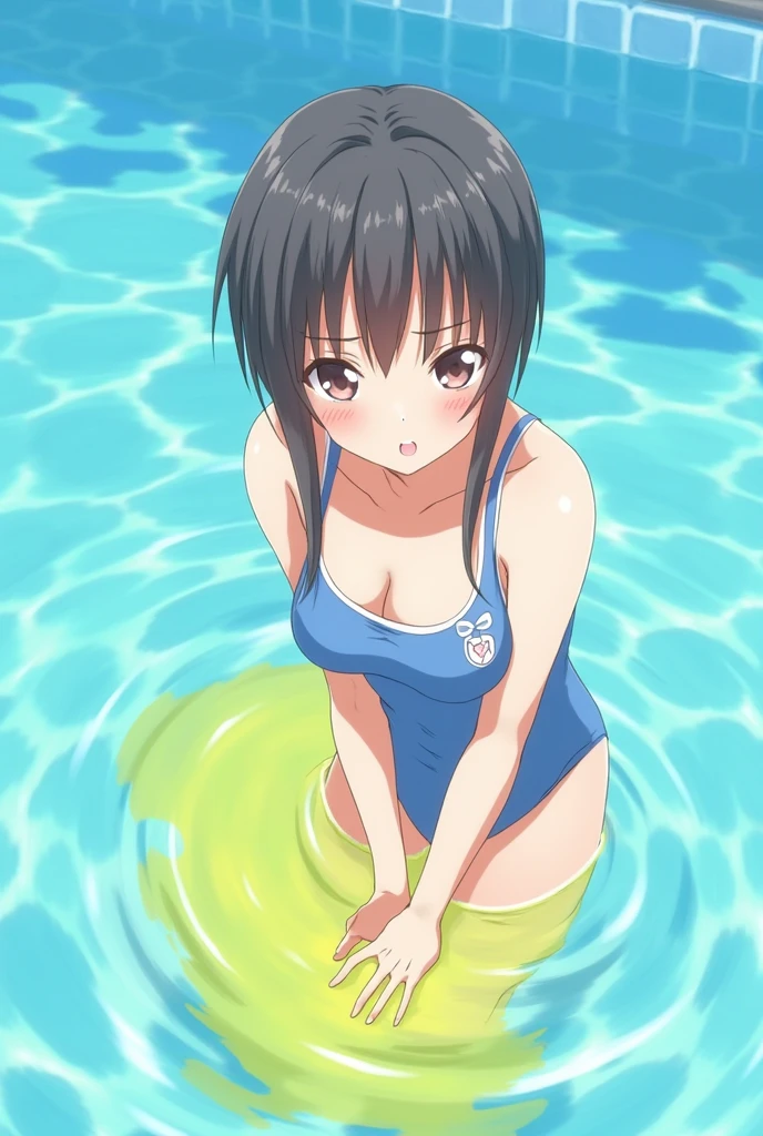 Anime, girl, girl in a blue swimsuit, pissing, pissing herself, pissing with yellow urine, pissing in the pool, yellow urine gets into the pool, yellow urine dissolves in the pool
