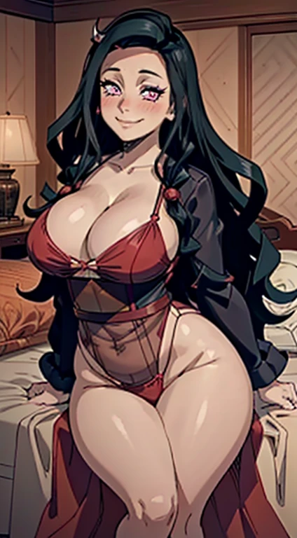 (best quality:1.3), (4K quality), Nezuko Kamado by demon slayer, ((detailed face)), ((curvy body)), (big boobs), sexy, ((slim)), ((cleavage silk nightie)), ((luxury bedroom)), (smiling), (hands between her legs, spread legs), 