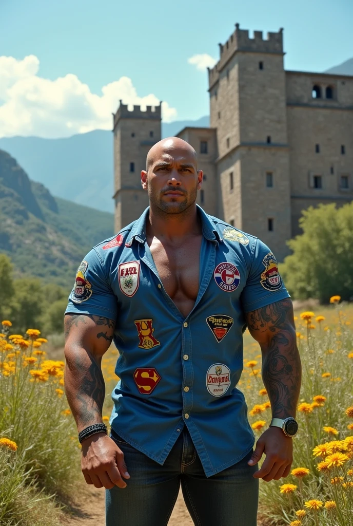 Big giant body builder white bald men wearing unbuttoned double pocket blue shirt with logos outside old palace beautiful valley