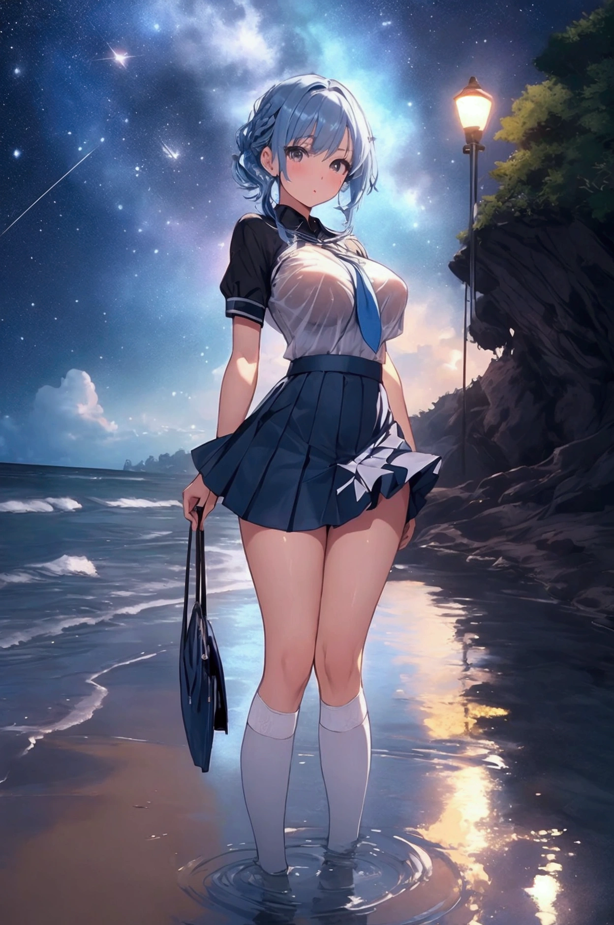 masterpiece, best quality, extremely detailed a pretty woman,wet hair,short sleeve,mini skirt,blue hair,black eyes,every life,clear ,zettai ryouiki,big sister,night,starry ,night sky,beach at night,big breasts