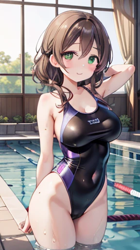 nozomitoujou, Nozomi-san always, Green Eyes, Brown Hair, Curly Hair, Large Breasts, masterpiece, Highest quality, High resolution, Beautiful attention to detail, Highly detailed face, Good lighting, Detailed CG, Messy Hair, One piece swimsuit, Indoor swimming pool, A light smile, Leaning forward, Put your arms behind your back
