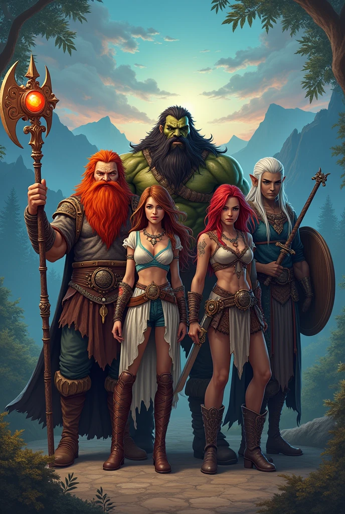 A group of six members, including;

1 A short, red-haired dwarf with an axe.

A male elf with wings and white hair.

 3 A sorceress with brown hair wielding a staff with an orange orb.

4 A strong, tall man with features of a triton with black hair and beard wielding a longsword.

5 A girl with red hair and claws wearing wild clothes.

6 A bald man with a black beard and draconic features, wielding a sword and shield.