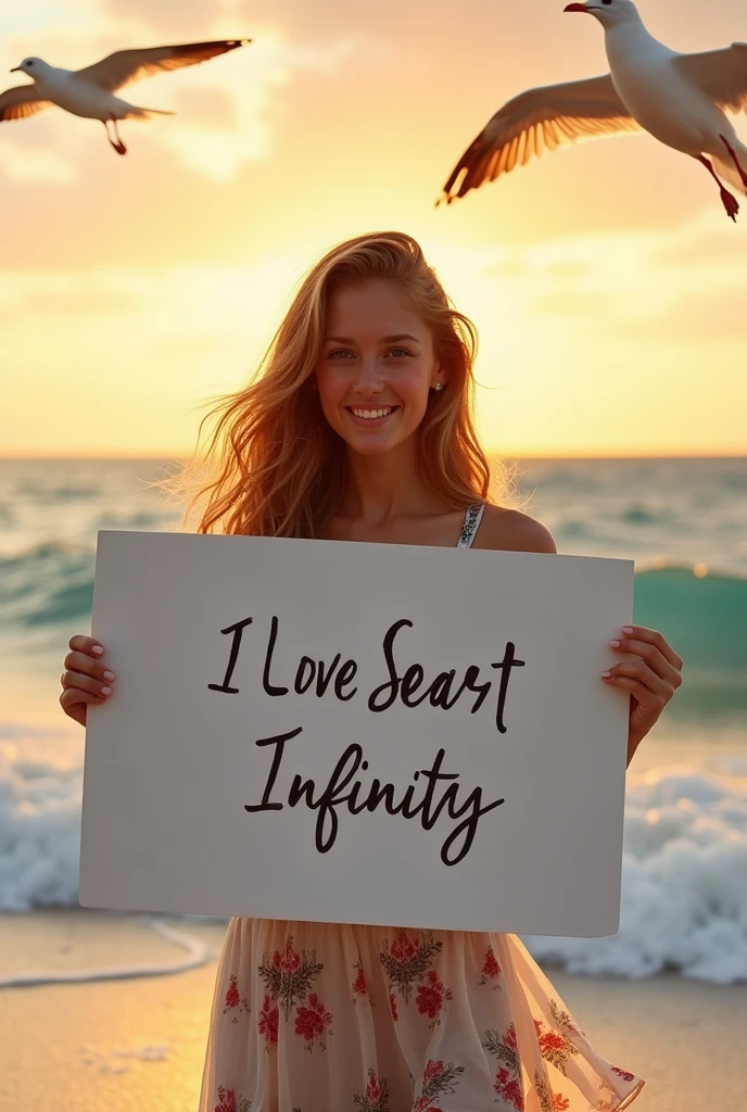 Beautiful girl with wavy long hair, bohemian dress, holding a white board with text "I Love Seaart Infinity" and showing it to the viewer