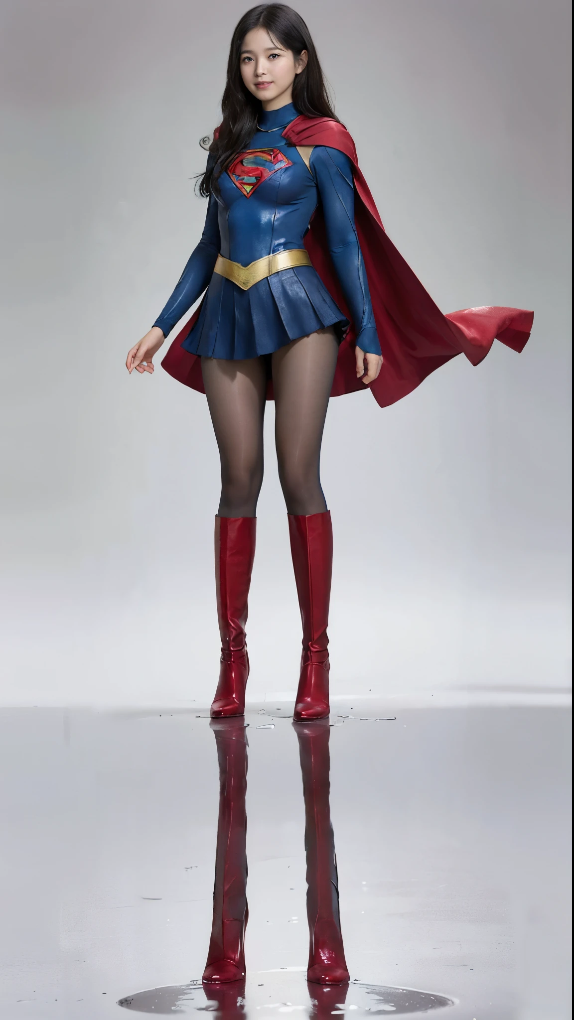 No background、(((Beautiful legs in black tights.)))、(((Legally express the beauty of your smile)))、((((Make the most of your original images)))、(((Supergirl Costume)))、(((Beautiful Hair)))、(((suffering)))、(((Please wear black tights....、Wear red boots)))、((Best image quality、8k))、((Highest quality、8k、masterpiece:1.3))、(((Preserve background )))、Sharp focus:1.2、Beautiful woman with perfect figure:1.4、Slim Abs:1.2、Wet body:1.5、Highly detailed face and skin texture、8k