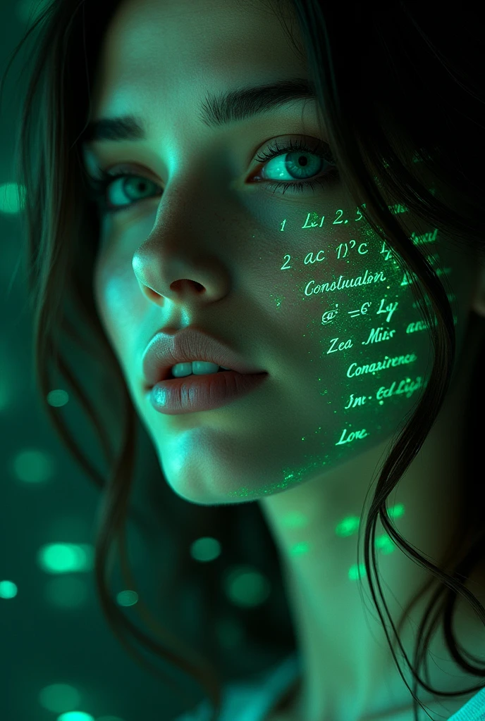 Close up of woman's face, Glowing green holographic equation projected onto skin. Strong gaze, Realistic features. Dark background, Cyberpunk aesthetics. Glowing math formulas, Handwriting style. Futuristic, High-tech atmosphere. Photorealistic rendering, Dramatic Lighting, In sharp contrast