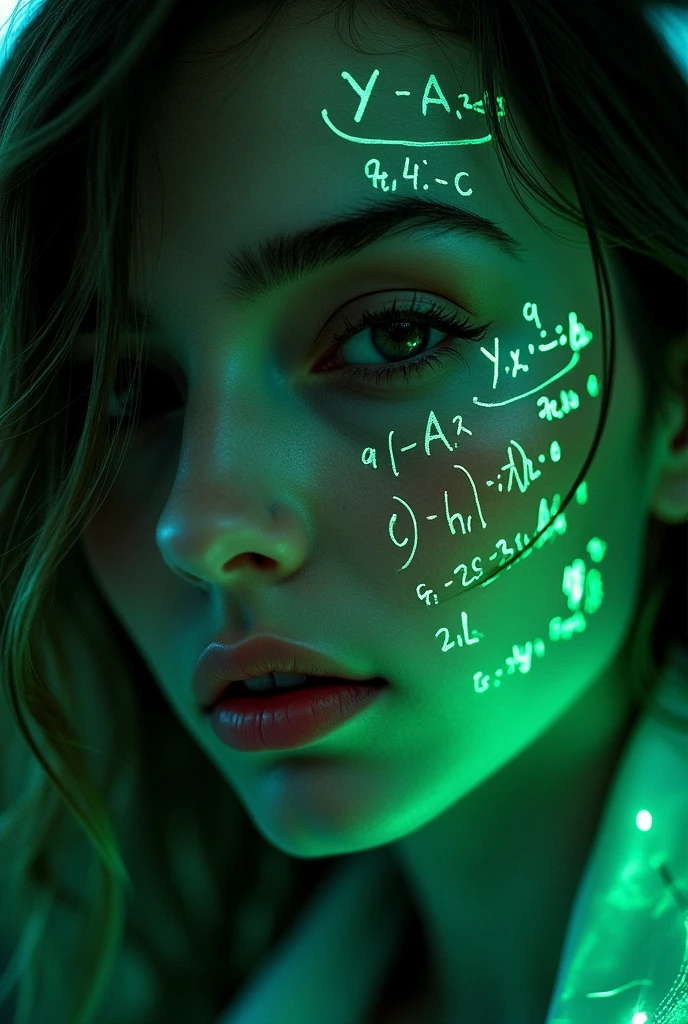 Close up of woman's face, Glowing green holographic equation projected onto skin. Strong gaze, Realistic features. Dark background, Cyberpunk aesthetics. Glowing math formulas, Handwriting style. Futuristic, High-tech atmosphere. Photorealistic rendering, Dramatic Lighting, In sharp contrast