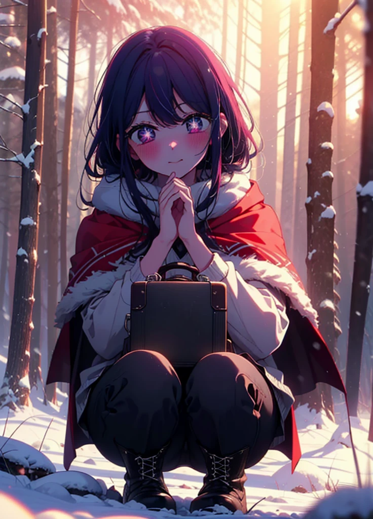 aihoshino, Ai Hoshino, Long Hair, bangs, (Purple eyes:1.1), Purple Hair, (Symbol-shaped pupil:1.5), smile,,smile,blush,white breath,
Open your mouth,snow,Ground bonfire, Outdoor, boots, snowing, From the side, wood, suitcase, Cape, Blurred, , forest, White handbag, nature, Squat, Mouth closed, Cape, winter, Written boundary depth, Black shoes, red Cape break looking at viewer, Upper Body, whole body, break Outdoor, forest, nature, break (masterpiece:1.2), Highest quality, High resolution, unity 8k wallpaper, (shape:0.8), (Beautiful and beautiful eyes:1.6), Highly detailed face, Perfect lighting, Extremely detailed CG, (Perfect hands, Perfect Anatomy),