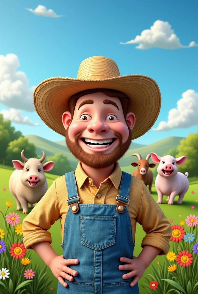 Create a large image i want to maje it like one of those cutouts where the face is missing and someone can take a pic with their face in it the theme is funny farm animals the farmers face should have enough space to put a face