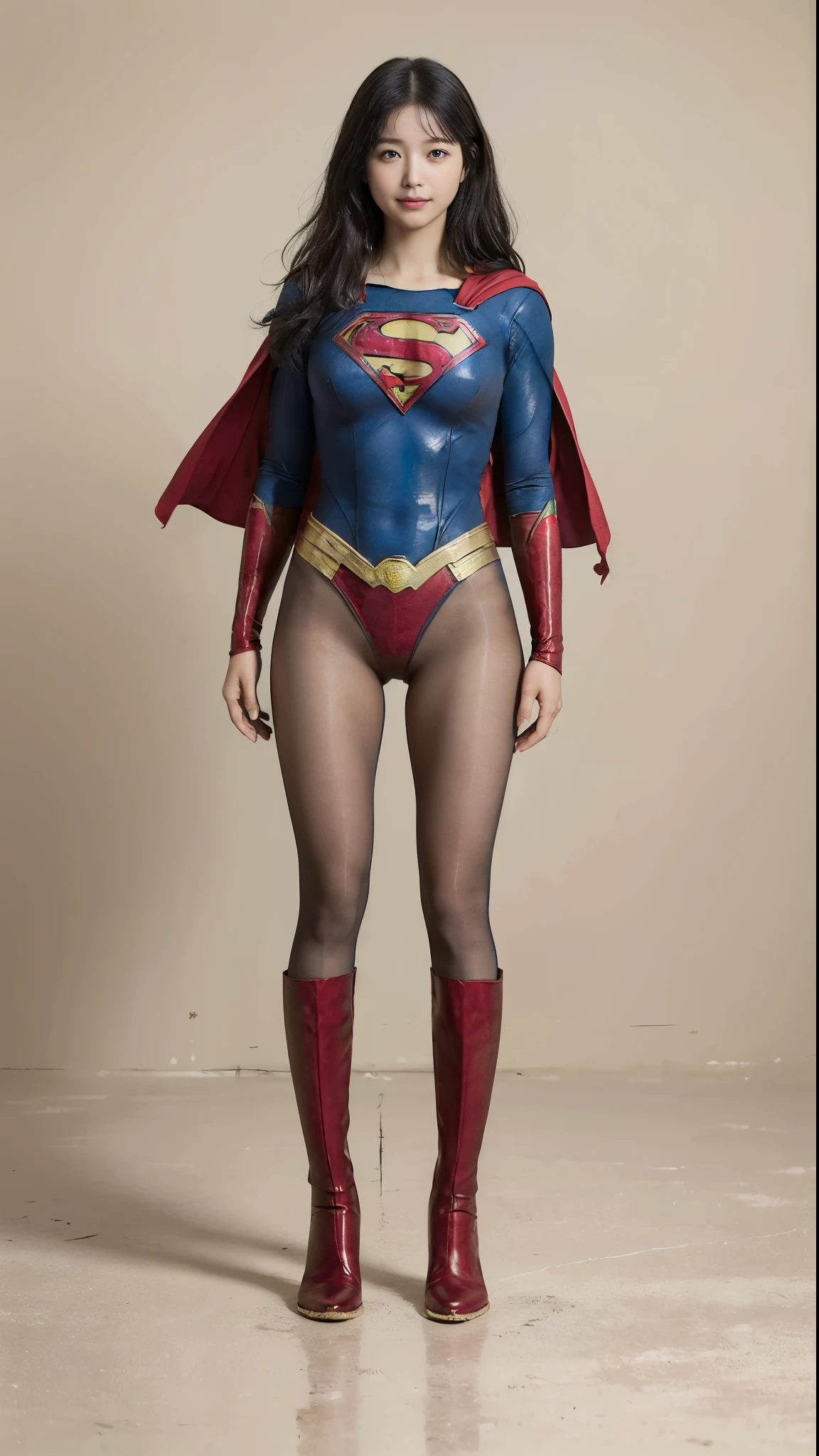 No background、(((Beautiful legs in black tights.)))、(((Legally express the beauty of your smile)))、((((Make the most of your original images)))、(((Supergirl Costume)))、(((Beautiful Hair)))、(((suffering)))、(((Please wear black tights....、Wear red boots)))、((Best image quality、8k))、((Highest quality、8k、masterpiece:1.3))、(((Preserve background )))、Sharp focus:1.2、Beautiful woman with perfect figure:1.4、Slim Abs:1.2、Wet body:1.5、Highly detailed face and skin texture、8k