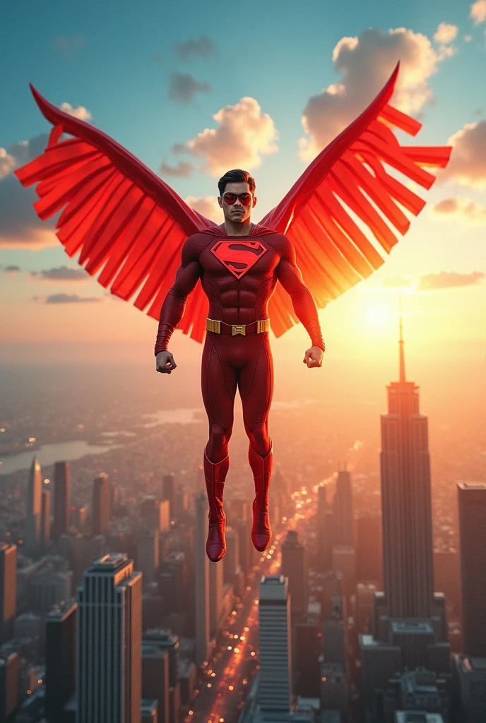 Create an image of a superhero character in red in the sky above a city. It should say Red Robin.
