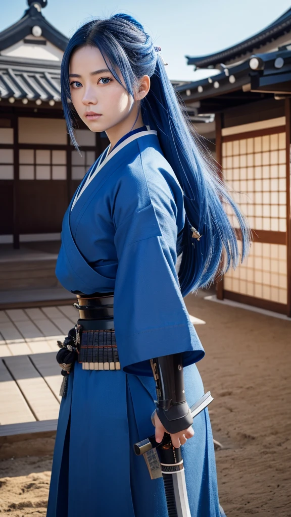 A young female samurai with long blue hair, blue eyes, wearing blue Japanese armor, and holding a katana. She stands on a battlefield. The scene is photo realistic, 8k quality, masterpiece, High Resolution, High Quality.