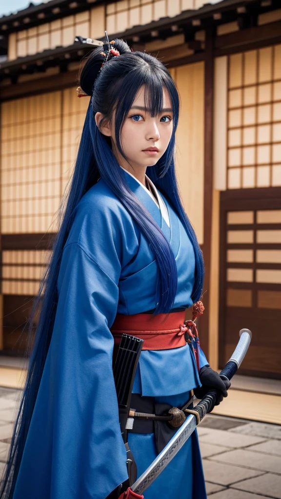 A young female samurai with long blue hair, blue eyes, wearing blue Japanese armor, and holding a katana. She stands on a battlefield. The scene is photo realistic, 8k quality, masterpiece, High Resolution, High Quality.