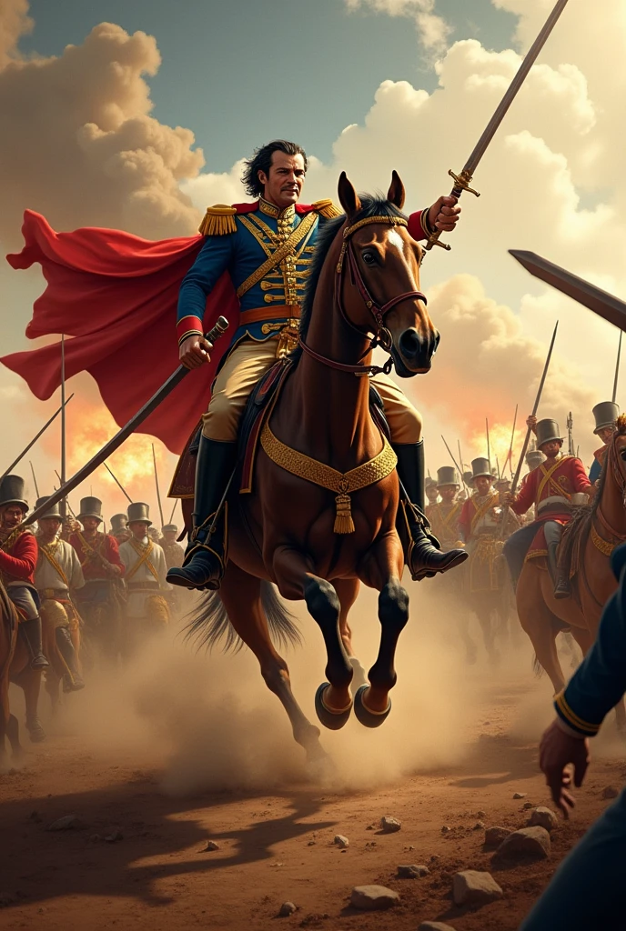 Create an image of Simon Bolivar in battle on his horse