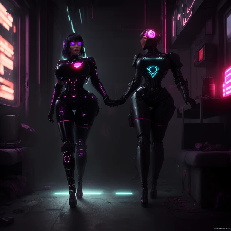 a sex worker bimbo cyborg lady with a human heart, average height, extreme curvy body, being turned into a sexbot, properly clothed, sci-fi apocalyptic environment with volumetric lighting god rays, colorful with warm colors, cyberpunk, hyperrealism , high heels.