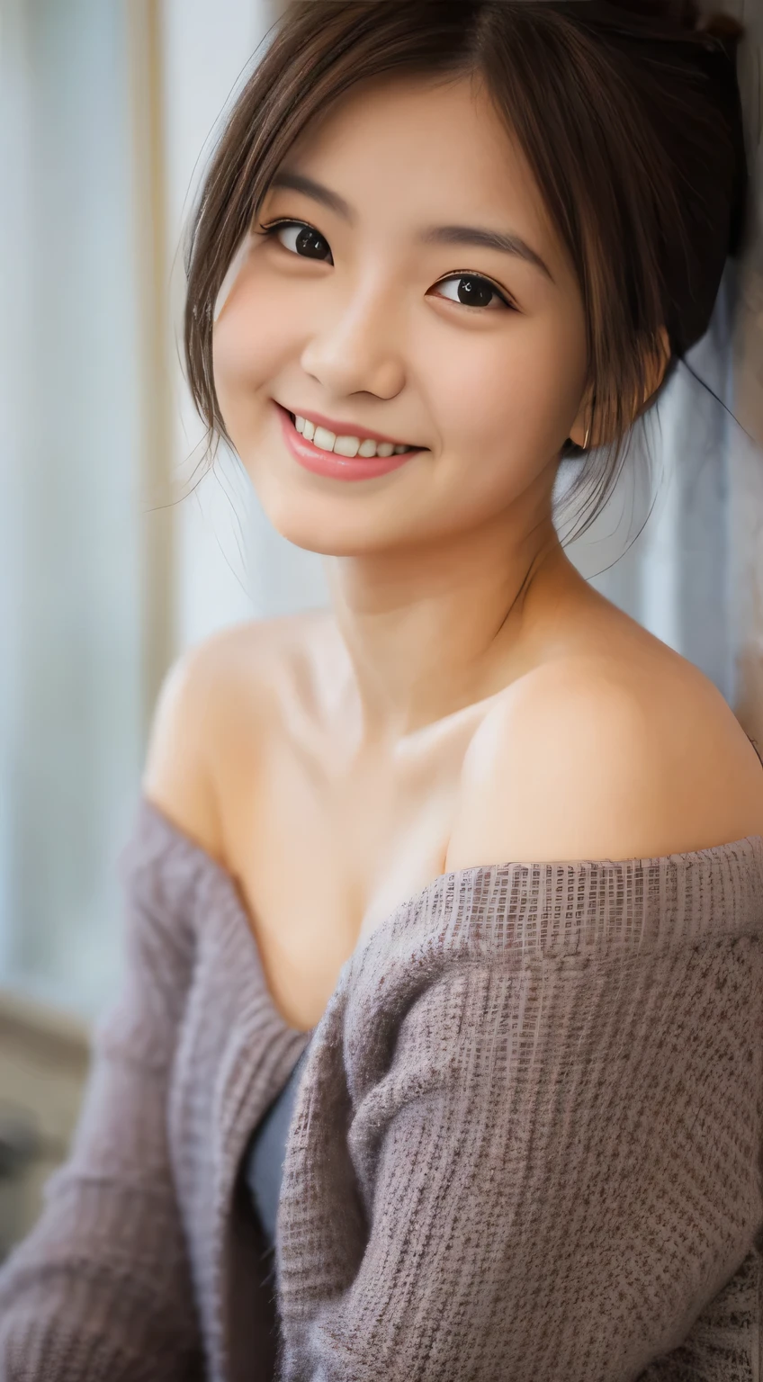 masterpiece,best quality,(Japanese girl),((Beautiful girl)),cleavage,(off shoulder:1.2),(perfect body beauty:1.2),(shy smile),From above