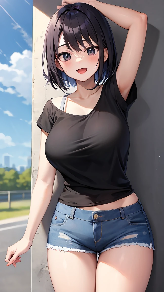18 years old。The body is curvaceous、have huge breasts、Smiling with clear eyes and an open mouth。Arms are down。She has short black hair and bright black eyes.、Wearing a summer shirt、Wearing denim shorts。